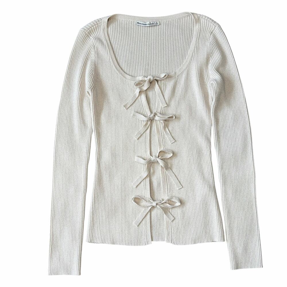Abercrombie Fitch Womens Bow Front Cardigan Cream Metallic Coquette Twee S NWT